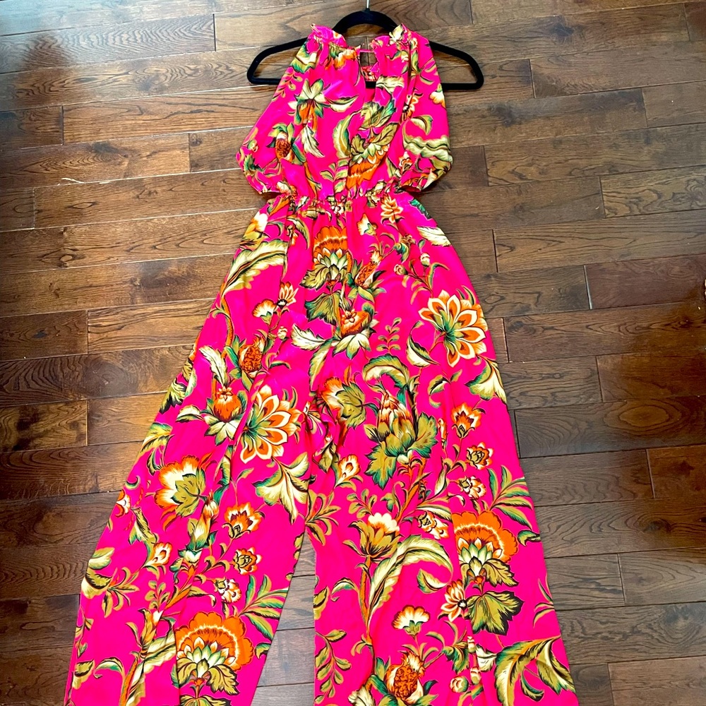 Zara Hot Pink Floral Satin Jumpsuit New With Tags Medium